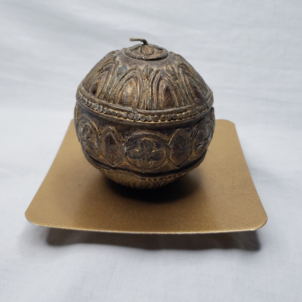 Ornate Faux Brass Ball Candle on Distressed Gold Metal Riser